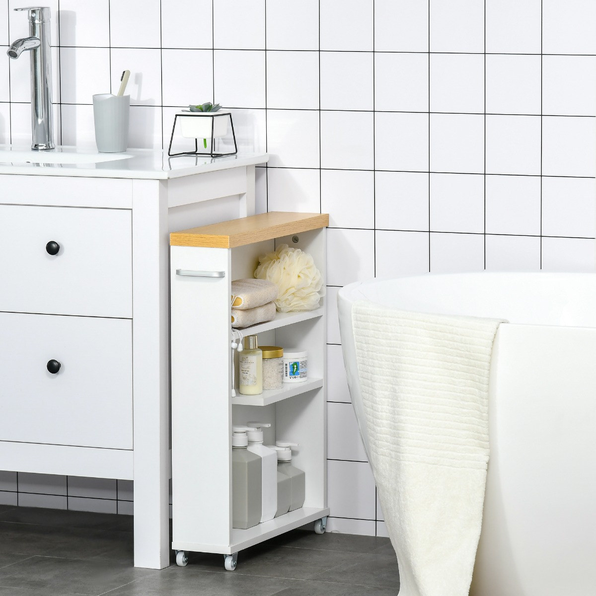 Slim Bathroom Cabinet with Castor Wheels Storage Organizer, Bathroom