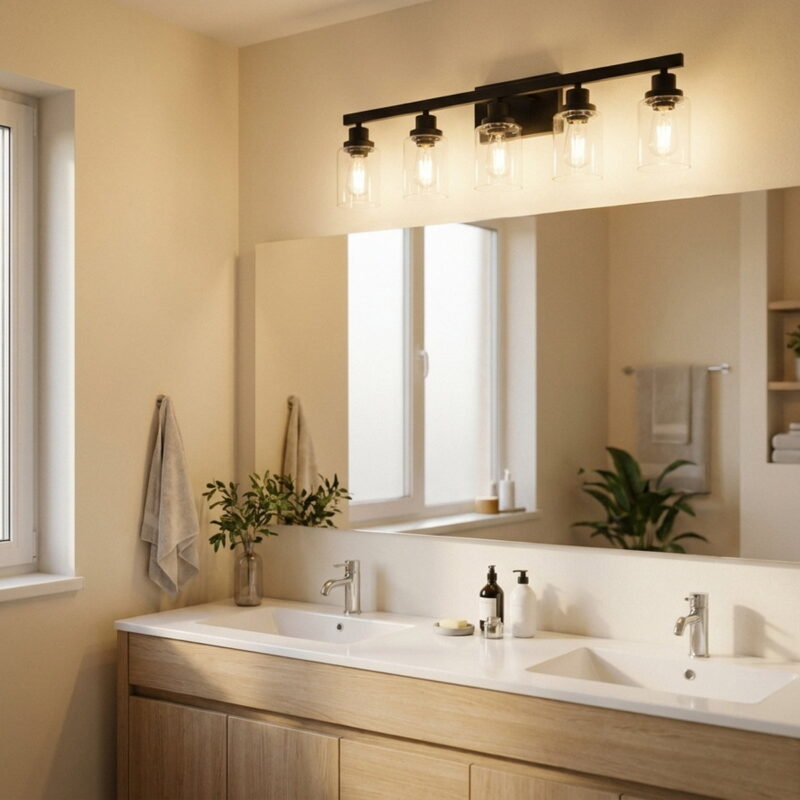 31 Modern Black 5-Light Bathroom Vanity Light Fixture, styled in a small apartment