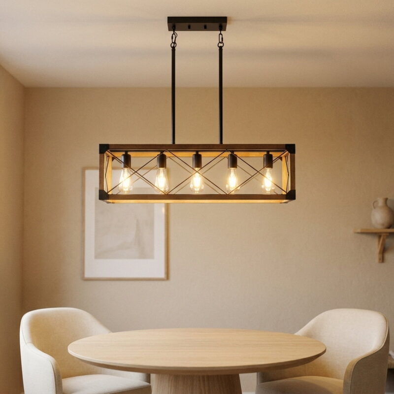 32" Walnut Industrial Farmhouse Rectangle Pendant Light, styled in a small apartment