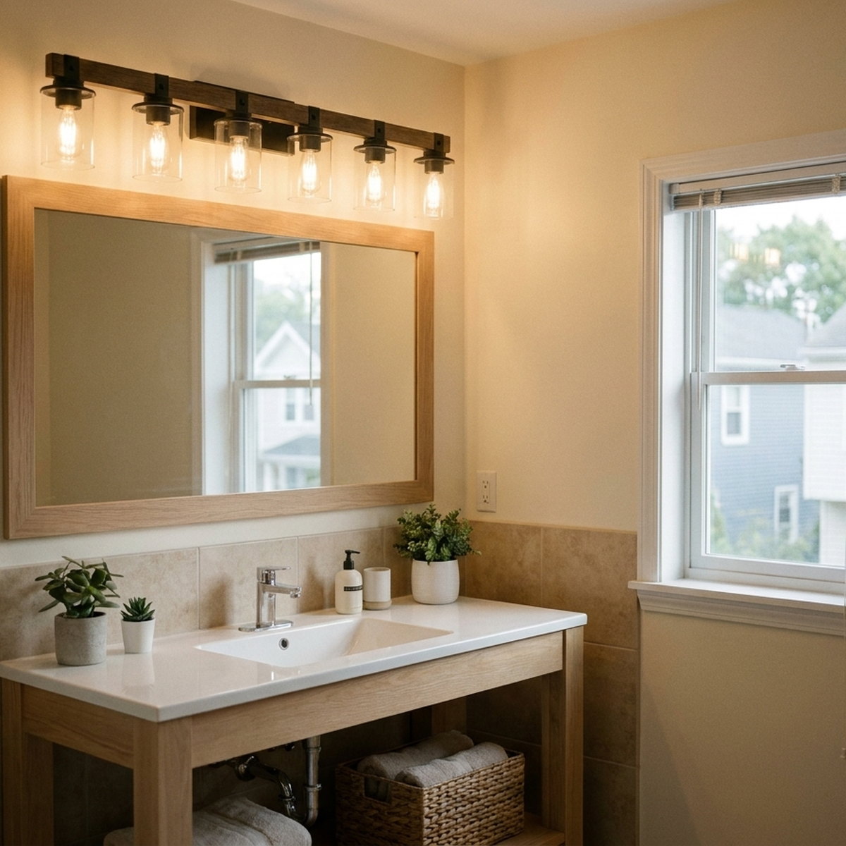 42" Rustic 6-Light Vanity Light, styled in a small apartment
