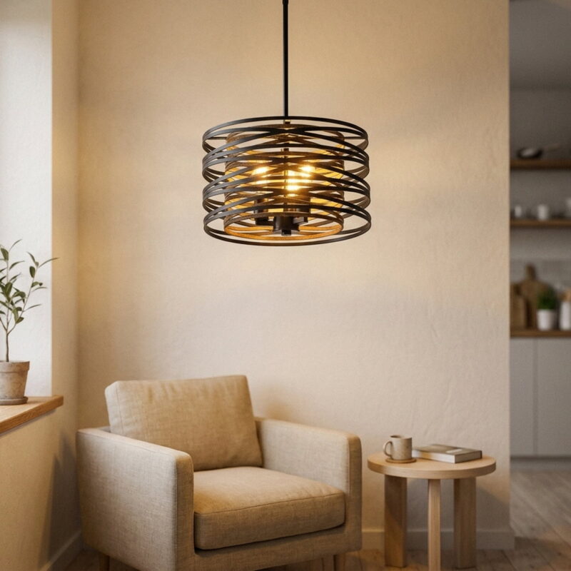 13 Rustic Industrial Pendant Light, styled in a small apartment