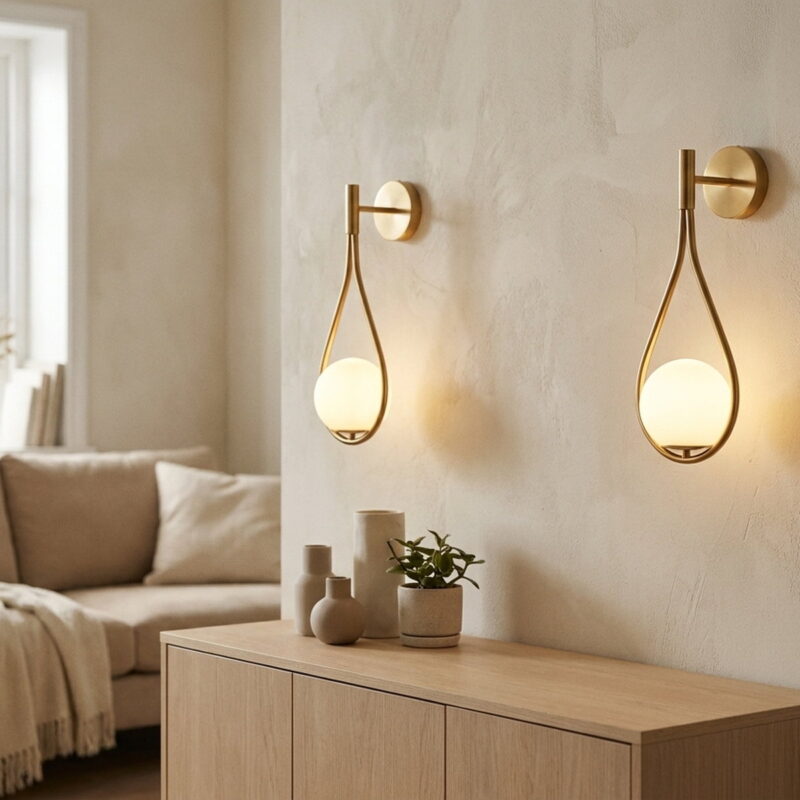 19" Set Of 2 Modern Golden Wall Sconces With Opal Glass Globe, styled in a small apartment