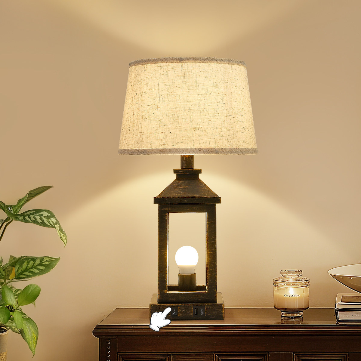20.5" Black Gold Farmhouse Bedside Table Lamp, Lighting