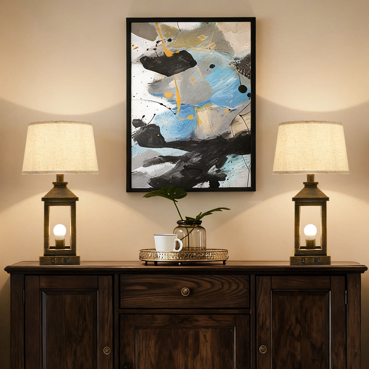 20.5" Black Gold Farmhouse Bedside Table Lamp, Lighting