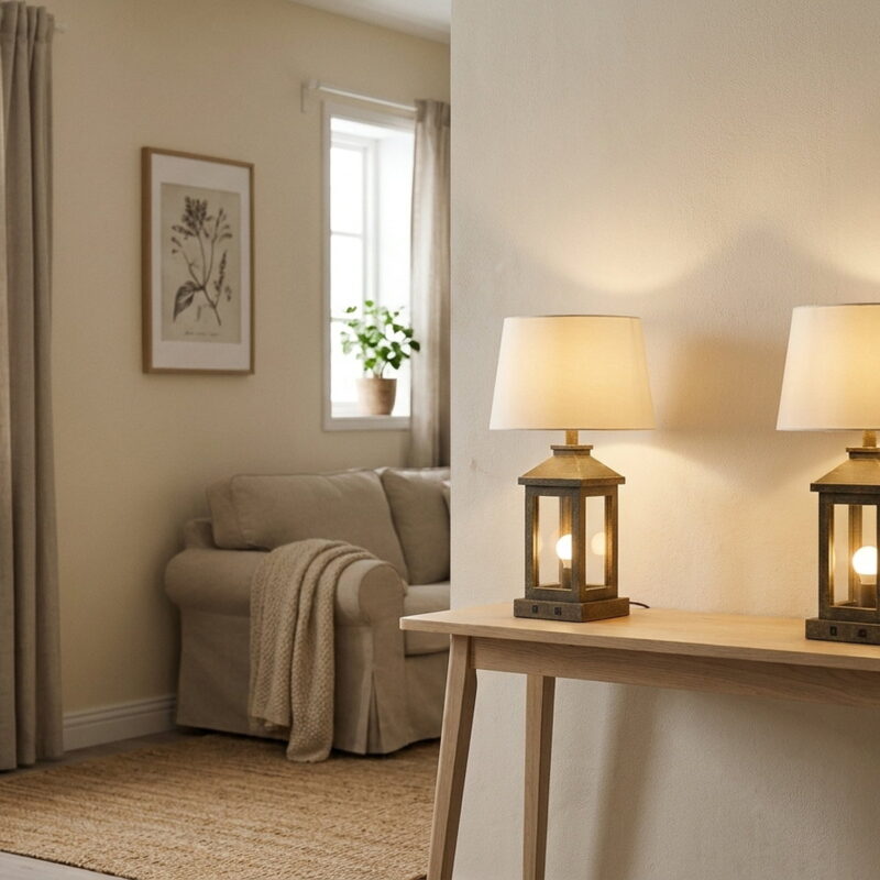 20.5" Black Gold Farmhouse Bedside Table Lamp, styled in a small apartment
