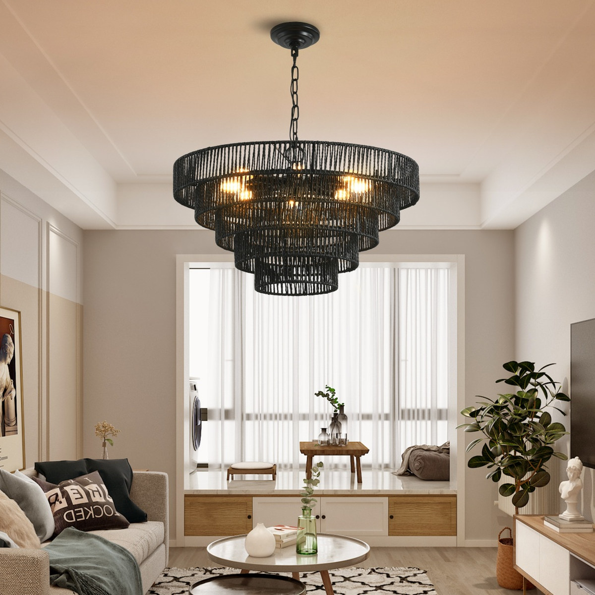 24 Rustic 5-Tier Black Hemp Rope Pendant Light Chandelier, Lighting
