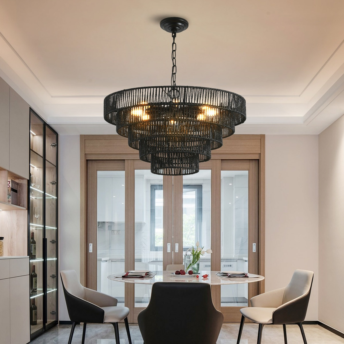 24 Rustic 5-Tier Black Hemp Rope Pendant Light Chandelier, Lighting