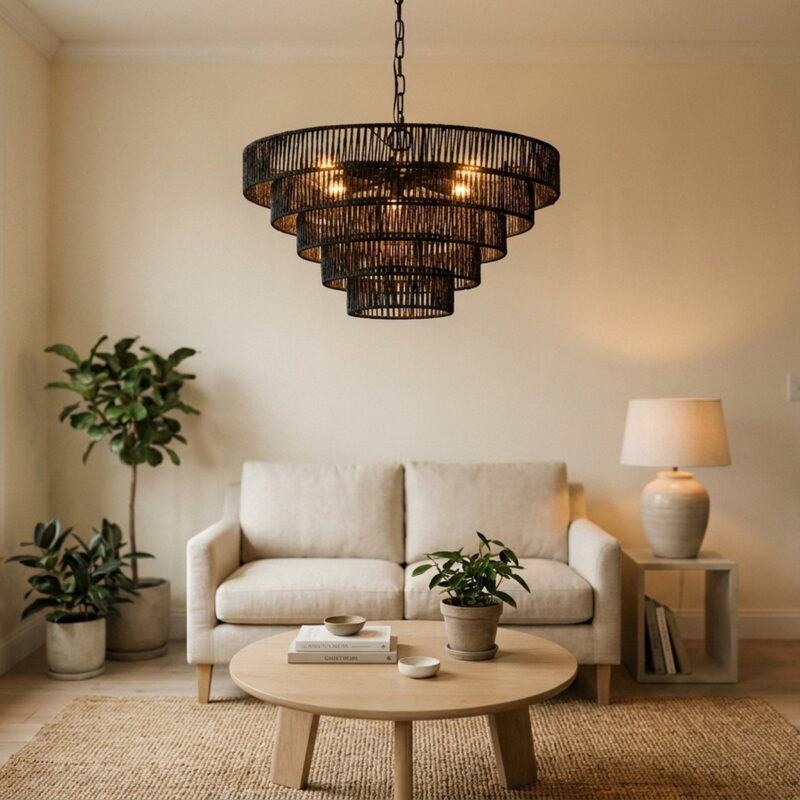 24 Rustic 5-Tier Black Hemp Rope Pendant Light Chandelier, styled in a small apartment