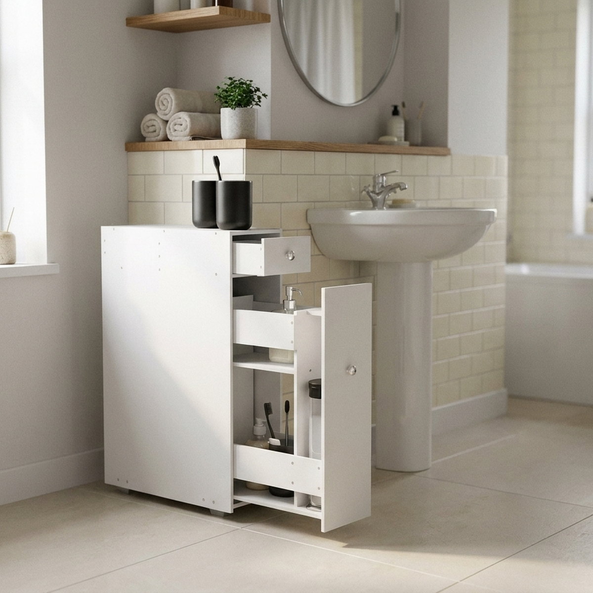 Bathroom Floor Organizer, styled in a small apartment