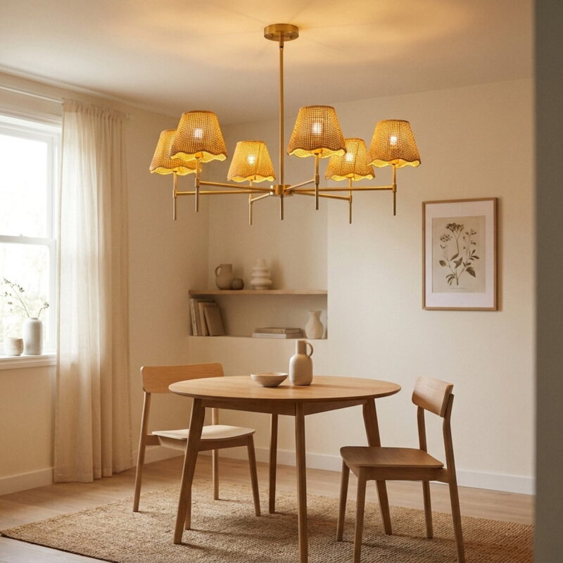 Boho Rattan Chandelier 6-Lights Rustic Industrial Pendant