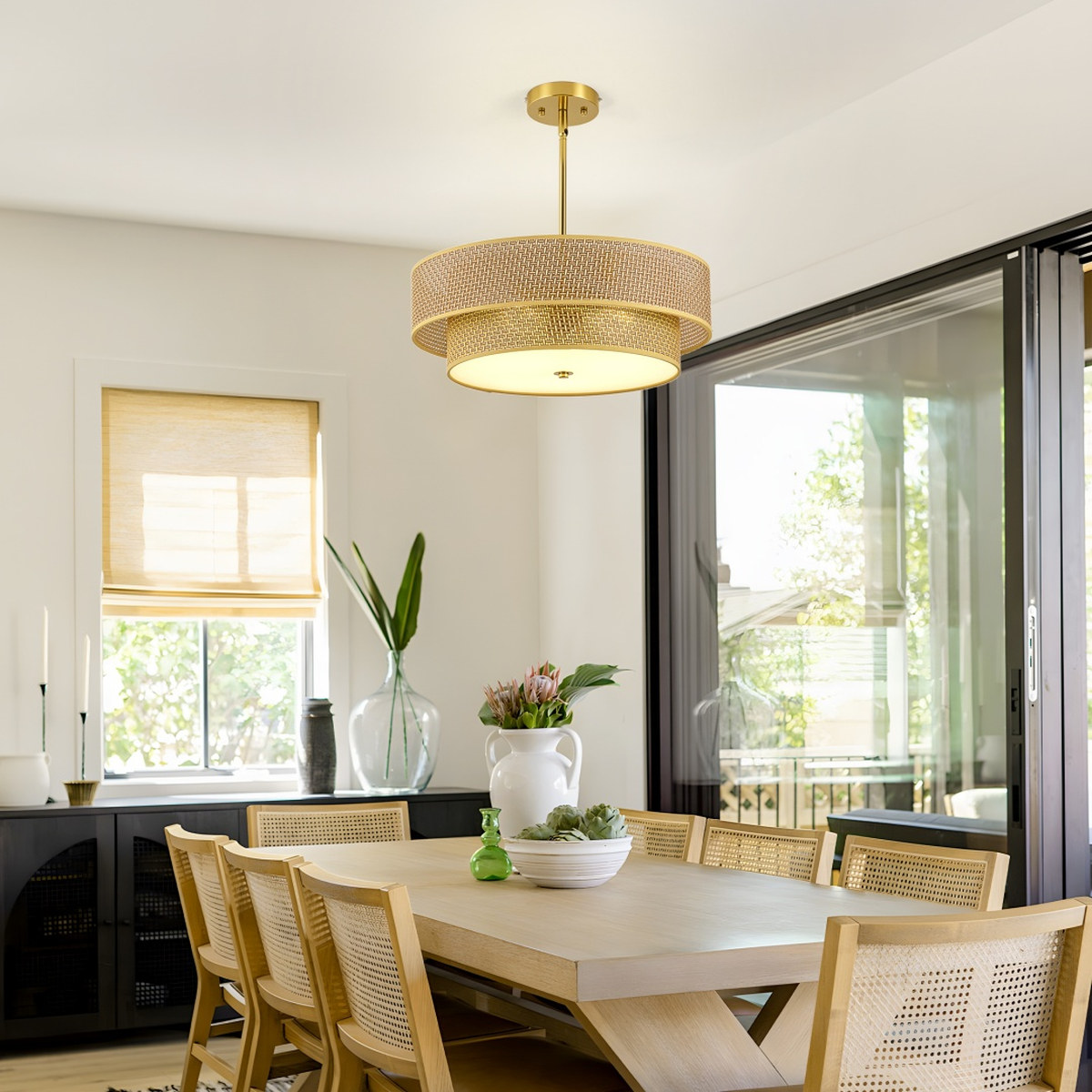 17.7" Woven Rattan Linen Semi Embedded Ceiling Light Fixture, Lighting