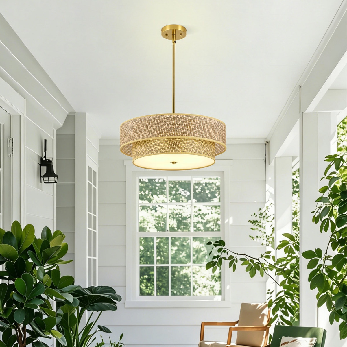 17.7" Woven Rattan Linen Semi Embedded Ceiling Light Fixture, Lighting