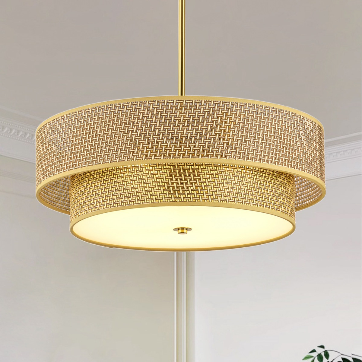 17.7" Woven Rattan Linen Semi Embedded Ceiling Light Fixture, Lighting
