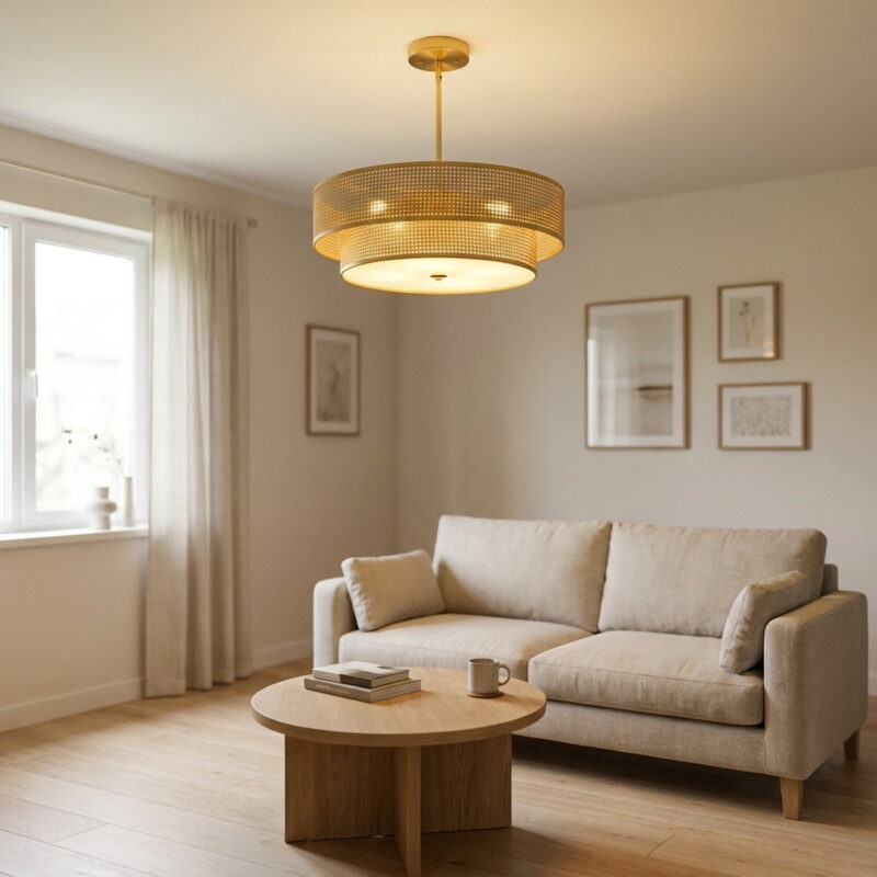 17.7" Woven Rattan Linen Semi Embedded Ceiling Light Fixture, styled in a small apartment