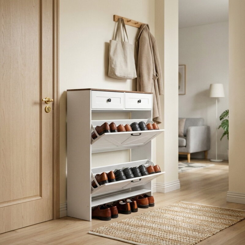 Farmhouse Style Shoe Storage Cabinet With Space-Saving And, styled in a small apartment