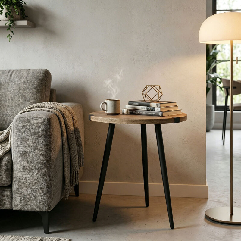 23.6" Round Coffee Table Mid Century Modern End Table, styled in a small apartment