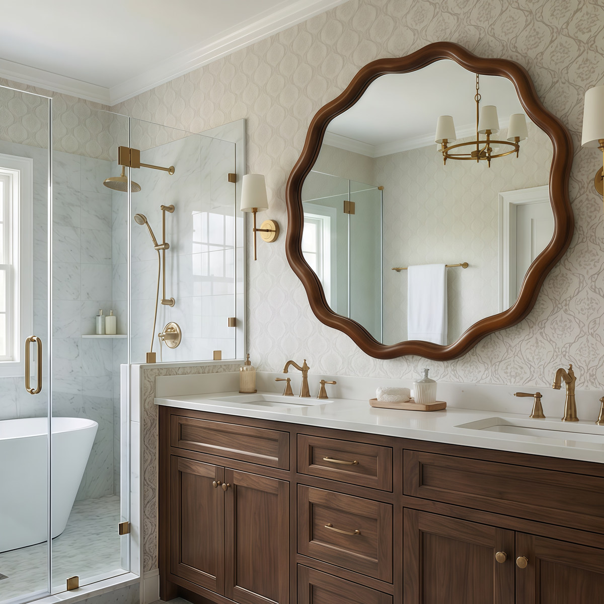 Black Walnut Color 30" Wavy Round Wood Frame Mirror, Mirrors