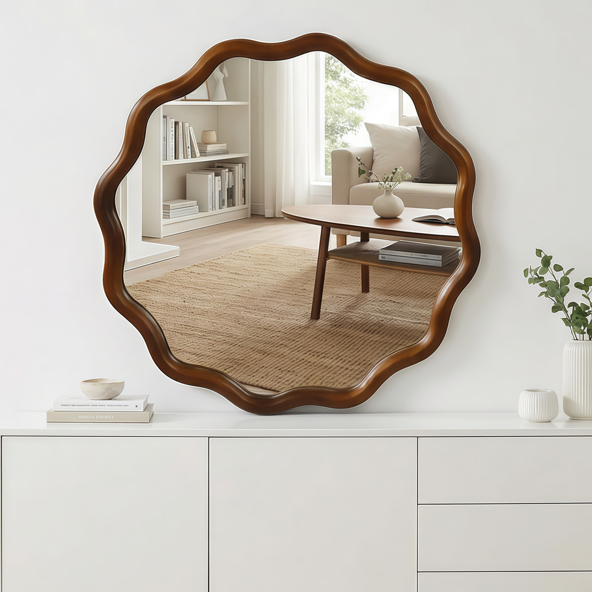 Black Walnut Color 30" Wavy Round Wood Frame Mirror, Mirrors