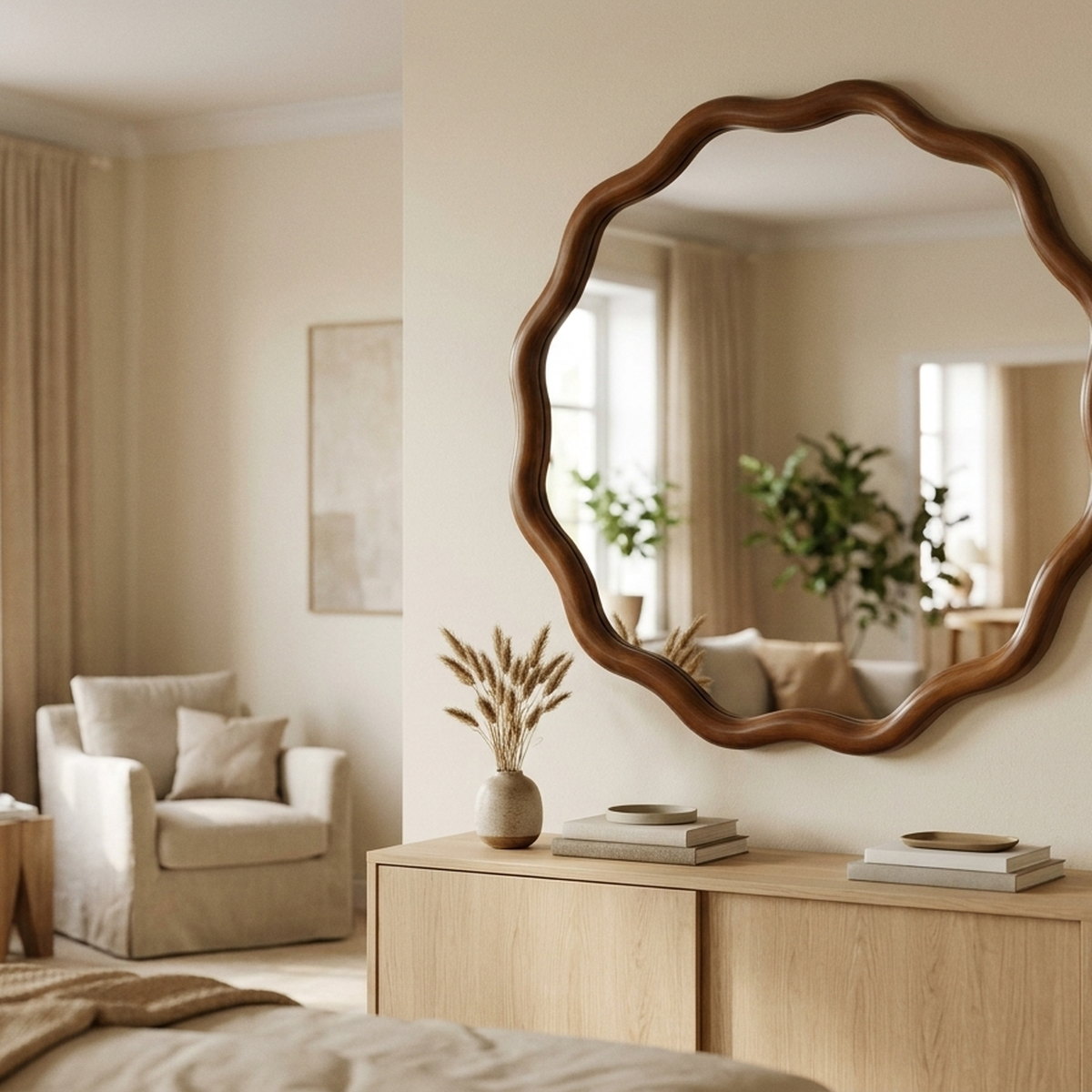Black Walnut Color 30" Wavy Round Wood Frame Mirror
