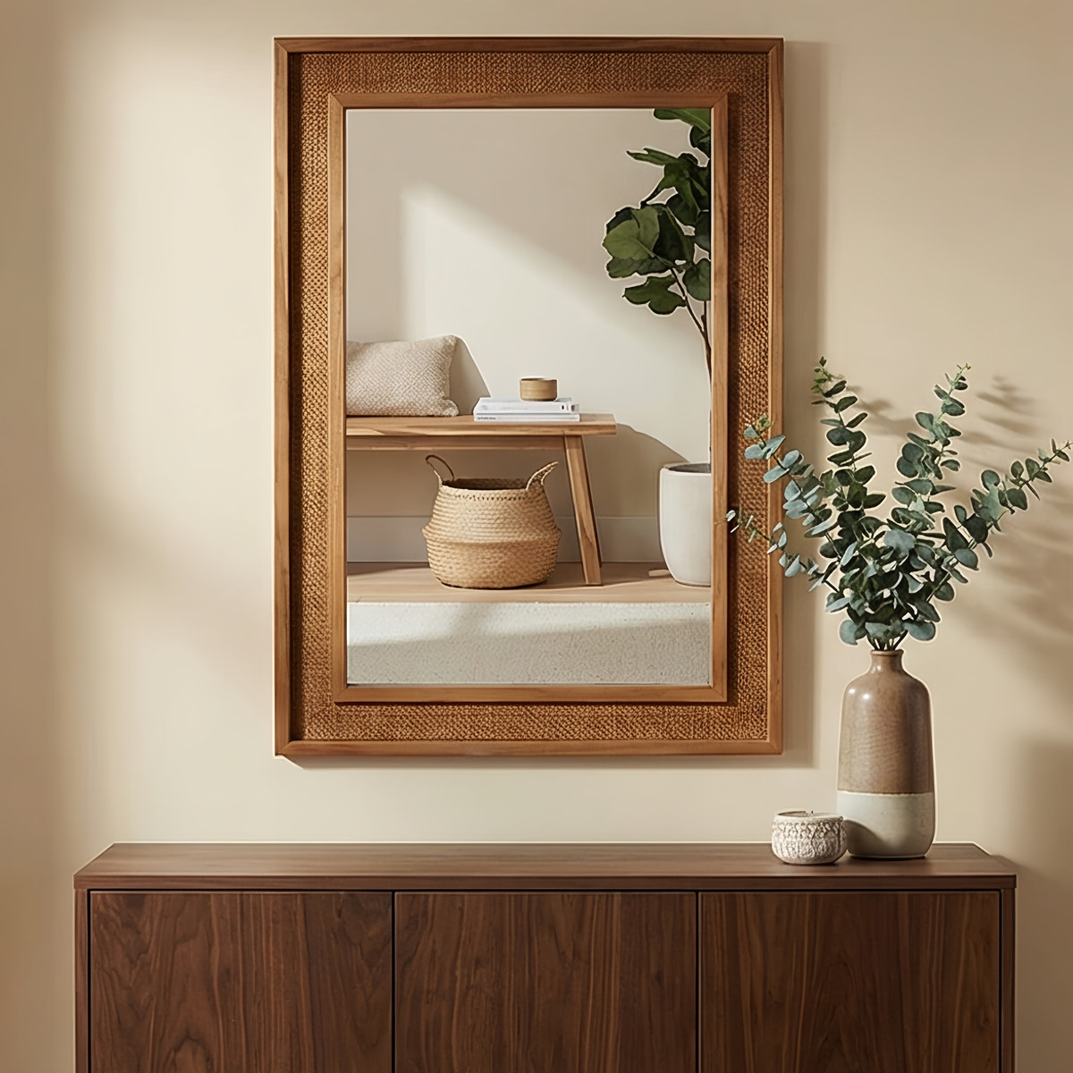 Warm Brown 24"x36" Rattan Rectangle Wood Frame Mirror, Mirrors