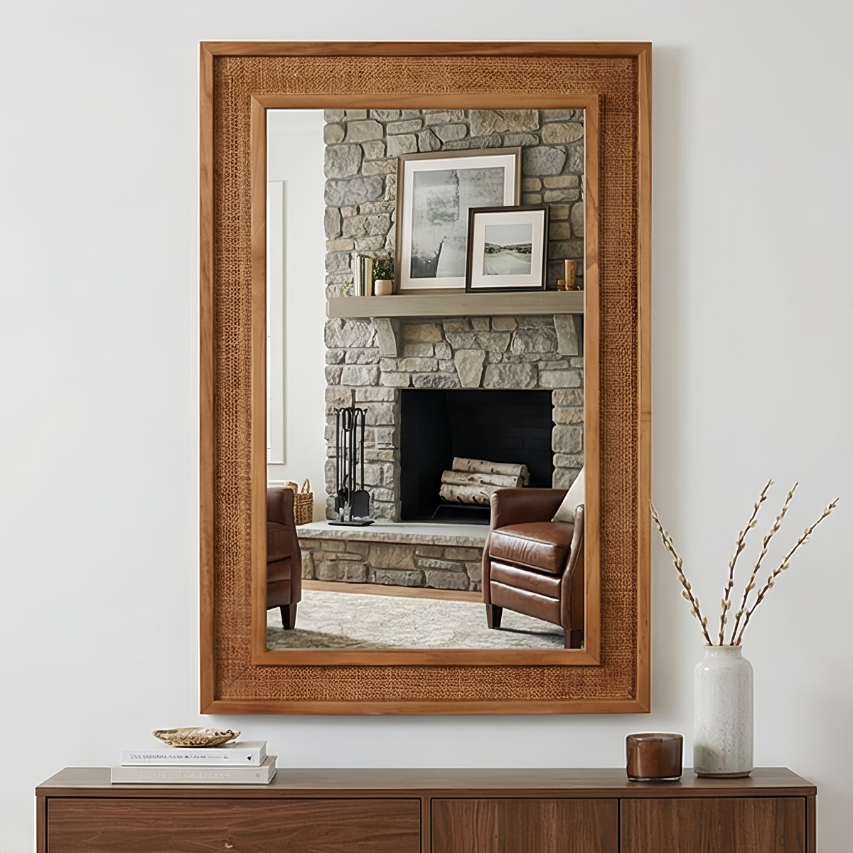Warm Brown 24"x36" Rattan Rectangle Wood Frame Mirror, Mirrors