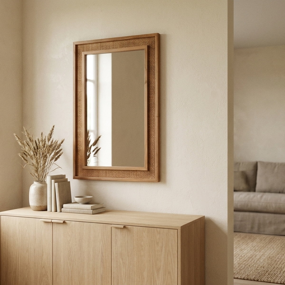 A rattan-framed mirror above a walnut sideboard in a small apartment entryway