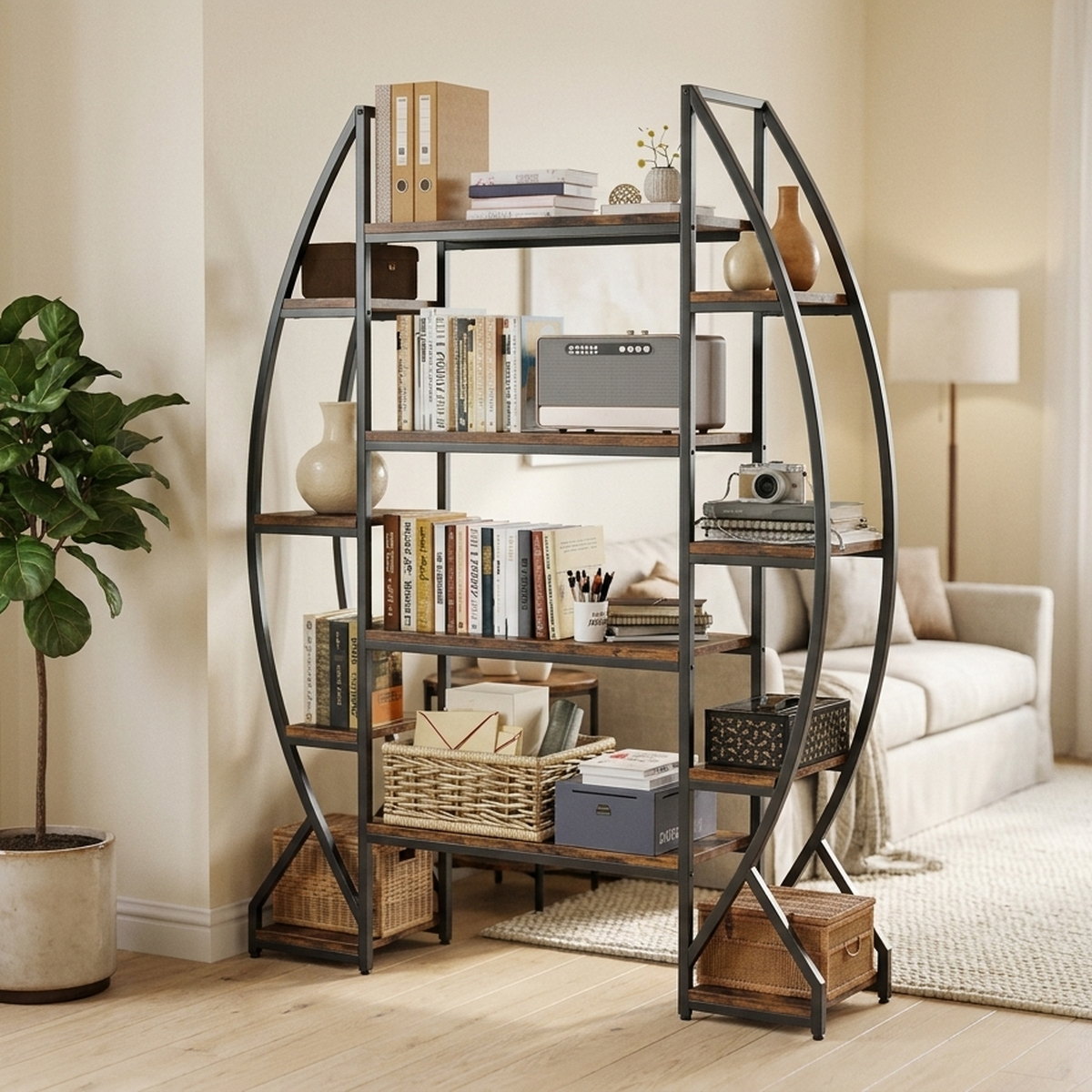 Oval Bookshelf Industrial Vintage Metal Wood Bookcase