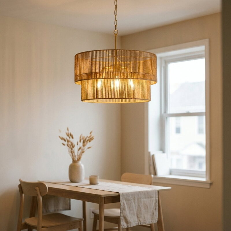 23.62" Handwoven Woven Paper Rattan Chandelier, styled in a small apartment