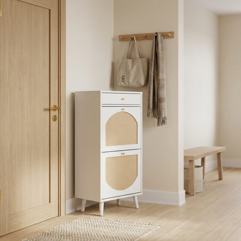 Rattan-front Shoe Cabinet With 1 Drawer And 2 Flip-down, styled in a small apartment