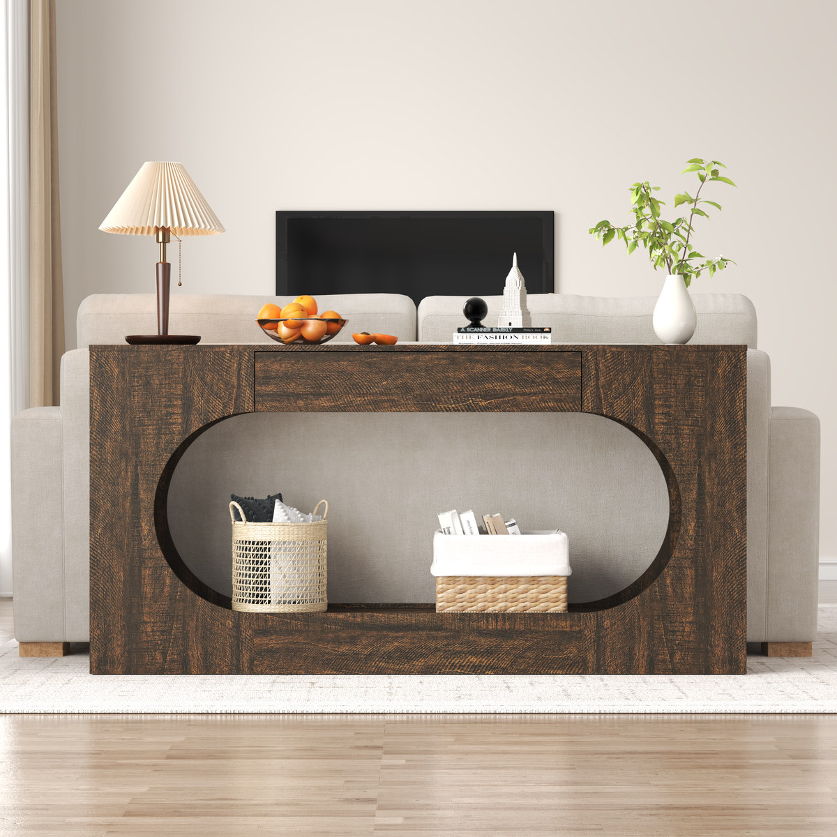 Walnut Wood Grain Console Table with Drawer, Entryway