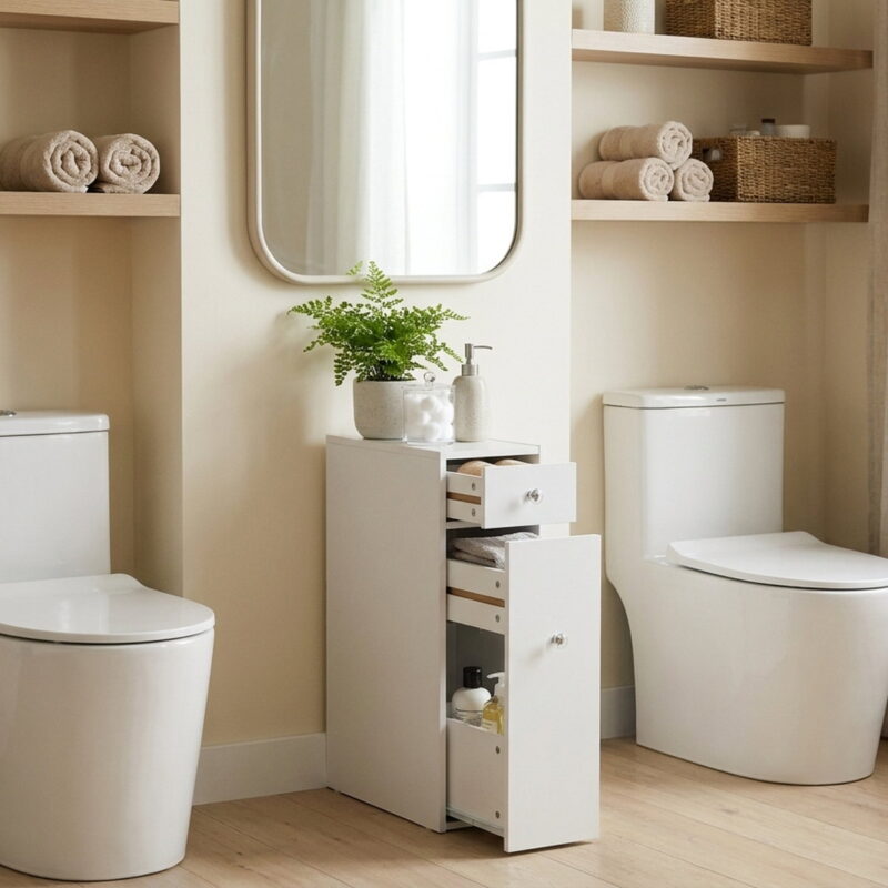 Free Standing Space Saving Narrow Storage Cabinet, styled in a small apartment