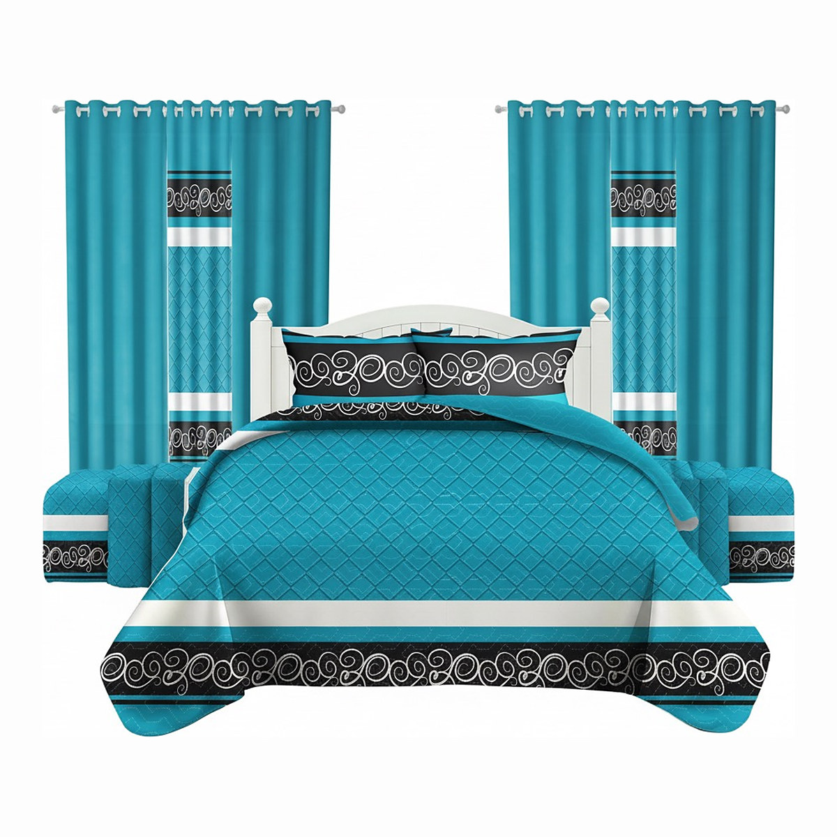 9-Piece Blue And Black Boho Quilted Bedspread Set With 6, Bedding & Textiles