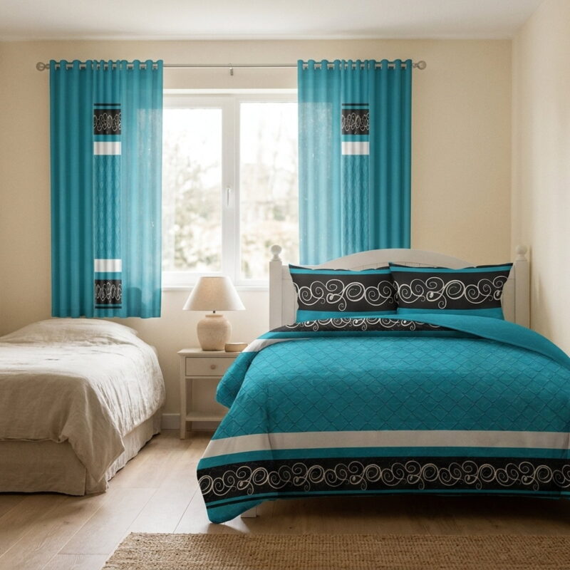 9-Piece Blue And Black Boho Quilted Bedspread Set With 6