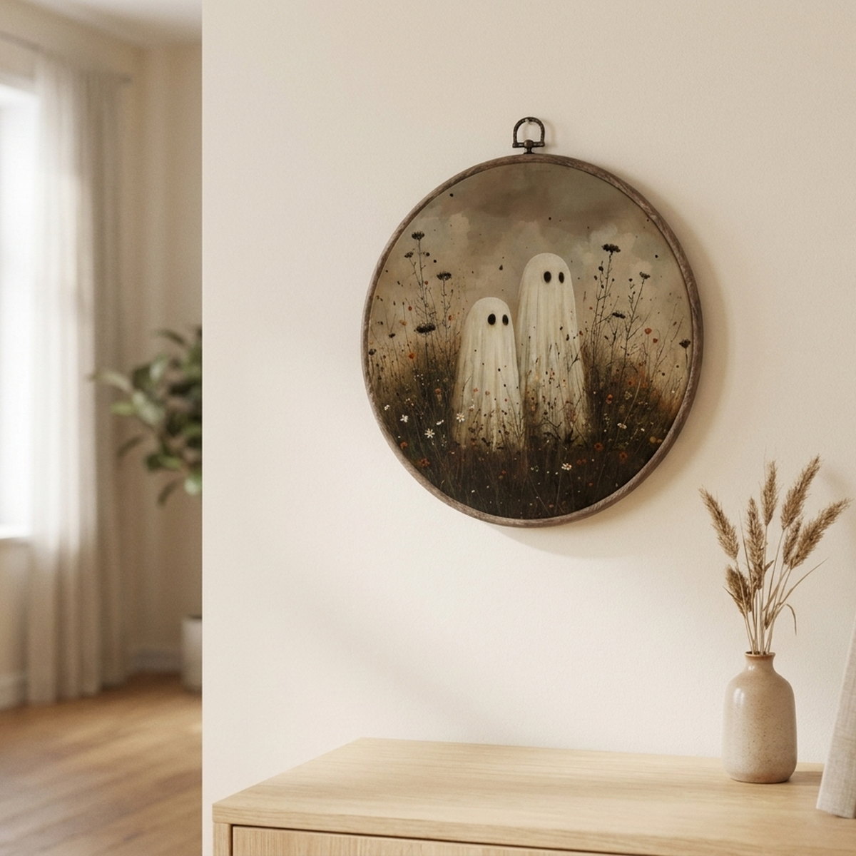 Vintage Halloween Ghost Round Wall Art, styled in a small apartment