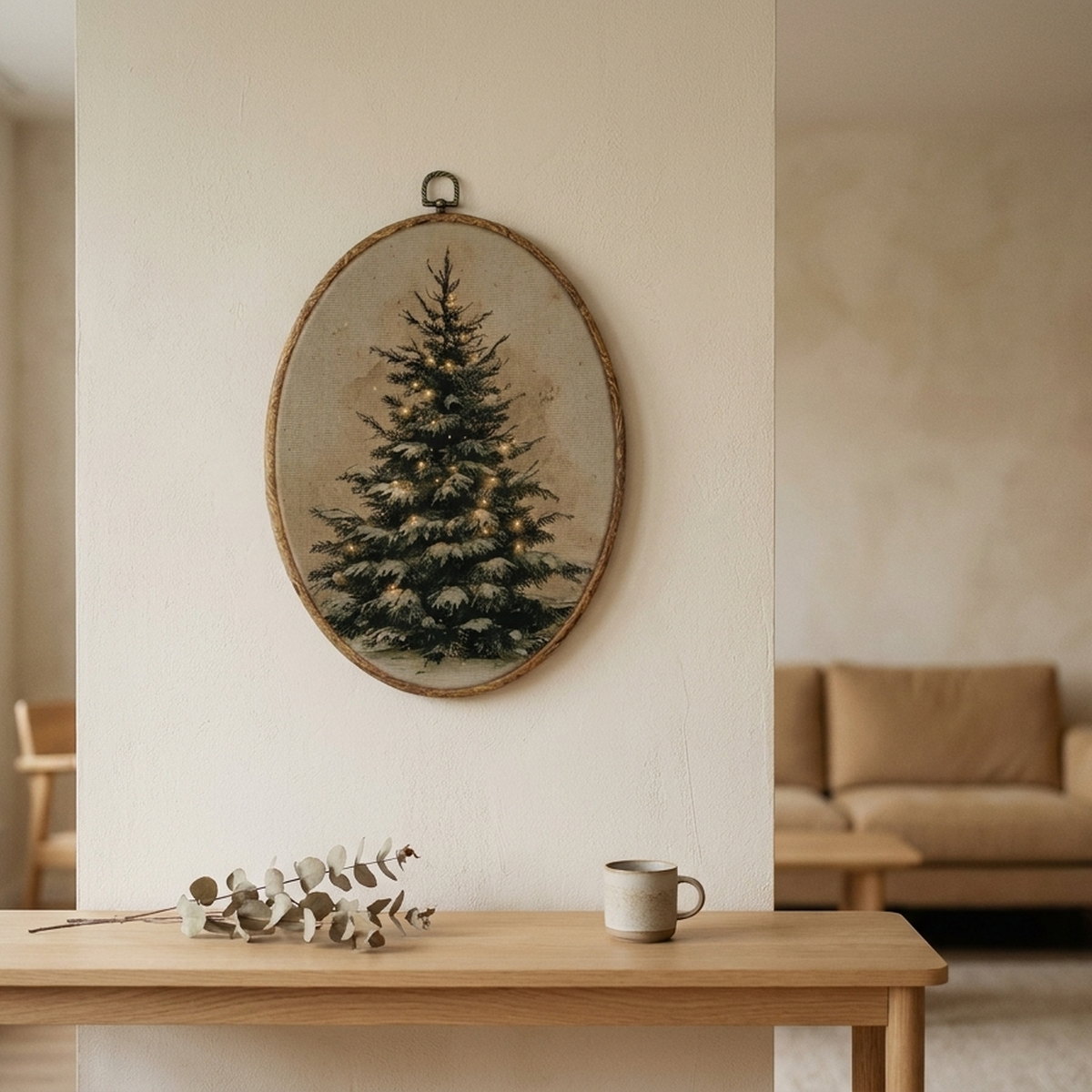 Vintage Christmas Tree Framed Wall Art, styled in a small apartment