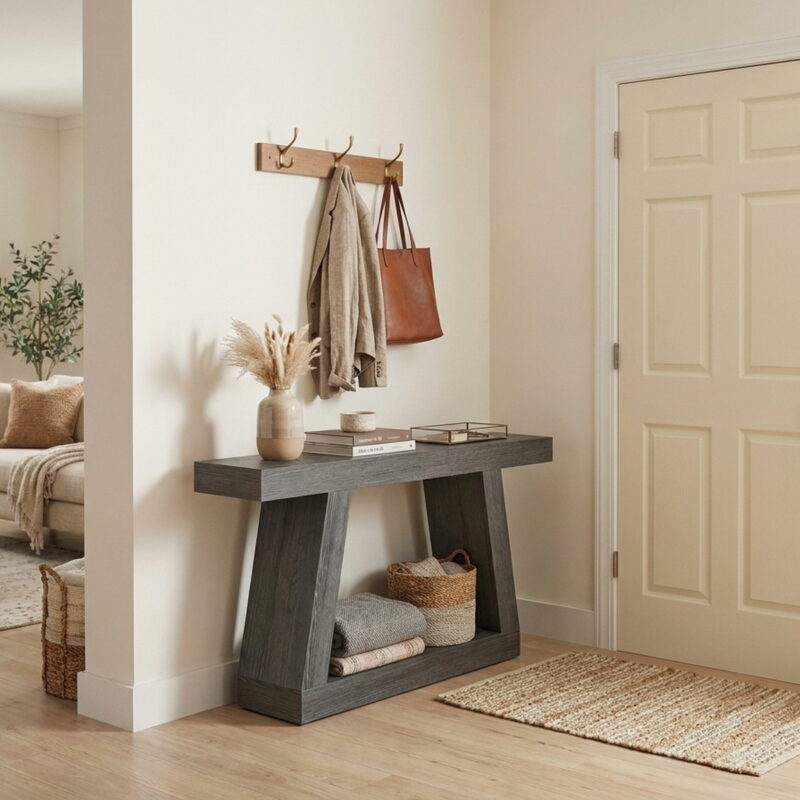 55" Farmhouse Console Table Rustic Sofa Table With Storage, styled in a small apartment