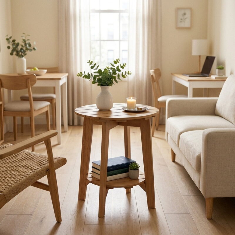 2-Tier Eucalyptus Wood Patio Side Table, styled in a small apartment