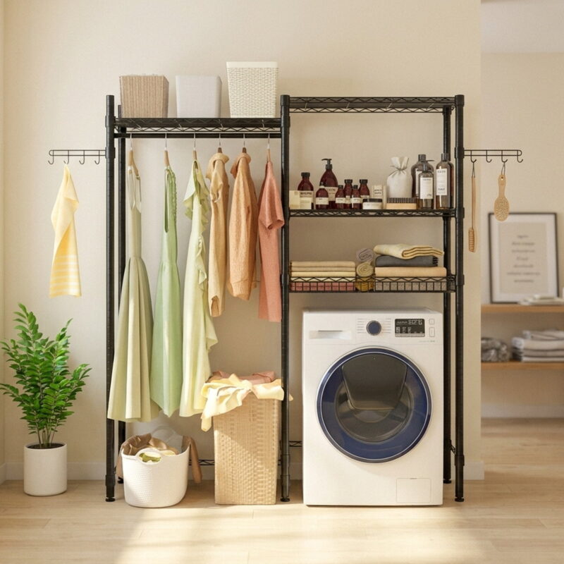 The Washer and Dryer Storage Shelf, styled in a small apartment