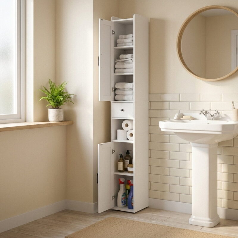 BathroomStorageCabinet, styled in a small apartment