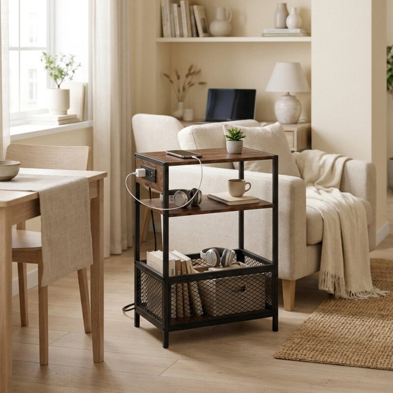 3-Tier Industrial Side Table with Charging Station