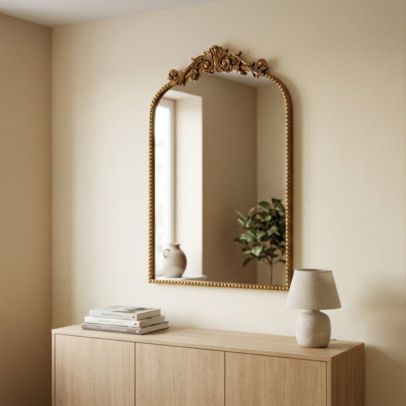 30 x 20 Antique Gold Arch Wall Vanity Mirror, styled in a small apartment