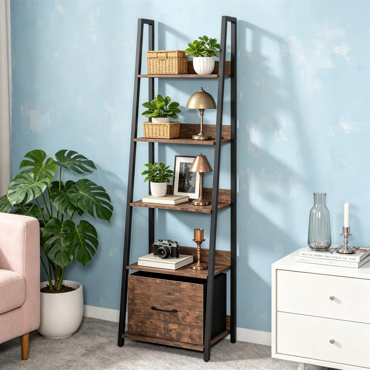 5-Tier Ladder Shelf with Fabric Drawer, Shelving