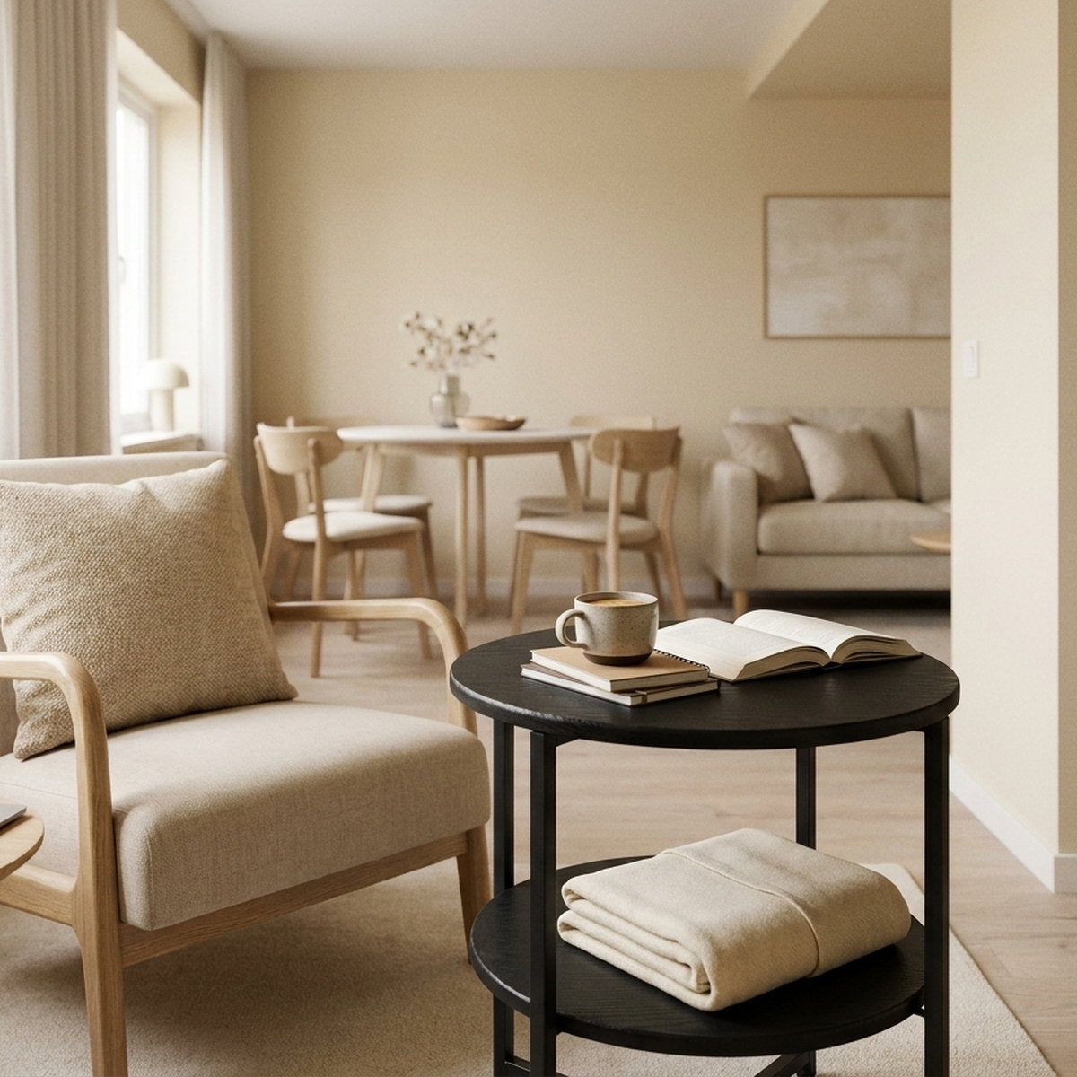 Small round side table, styled in a small apartment