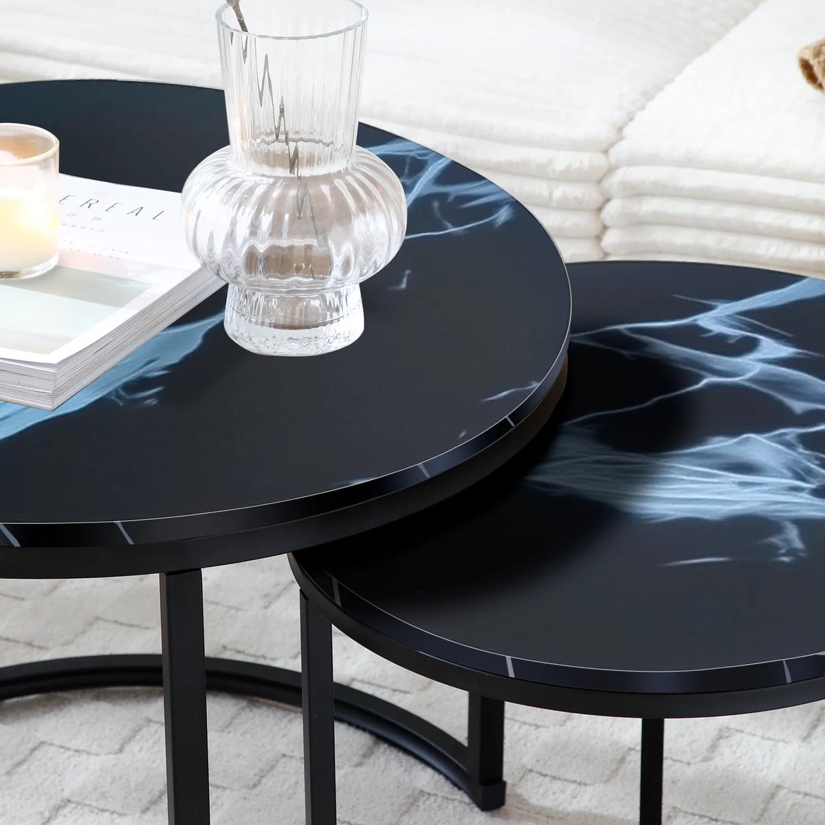 Set 2 Coffee Table Nesting Black top Black Frame Circular, Living Furniture