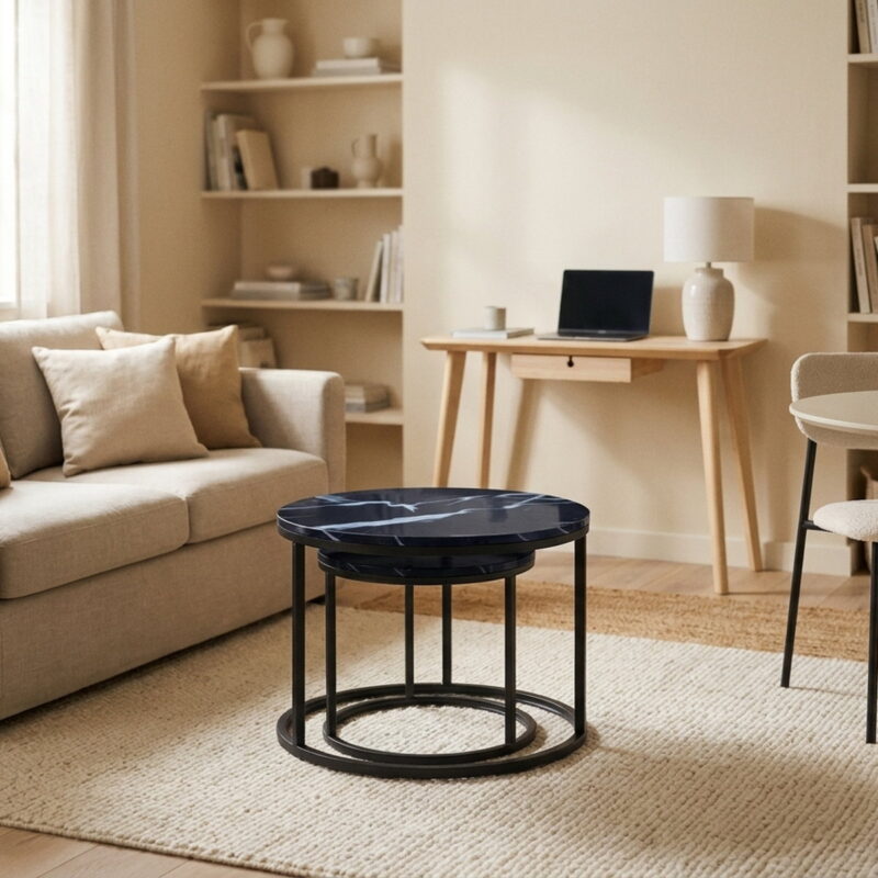 Set 2 Coffee Table Nesting Black top Black Frame Circular, styled in a small apartment
