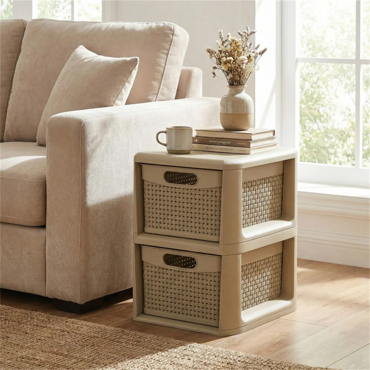 2-Drawer PP Storage Organizer Wicker Style Narrow Cabinet, Storage & Organization