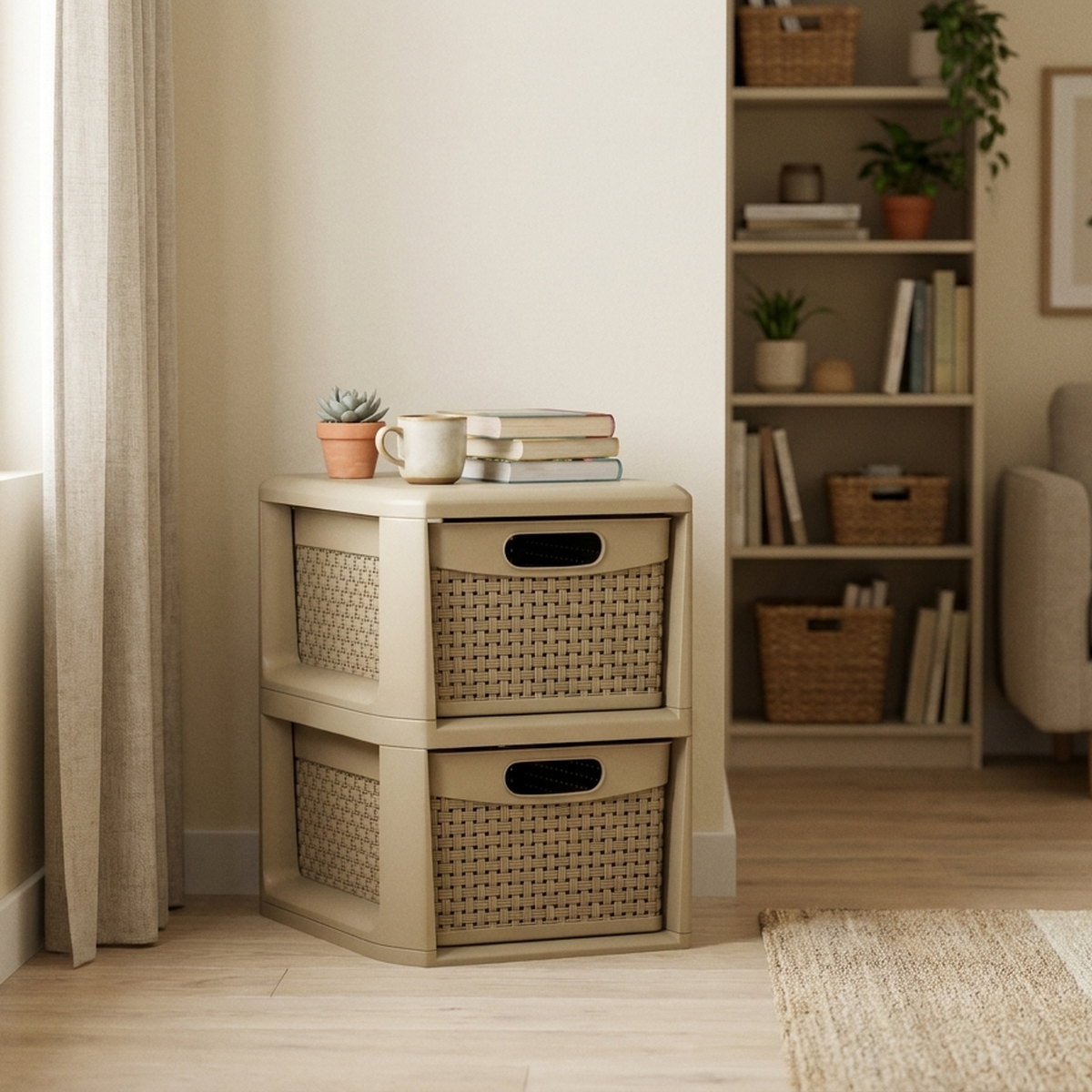2-Drawer PP Storage Organizer Wicker Style Narrow Cabinet, styled in a small apartment