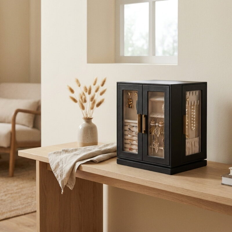 360° Rotating Jewelry Box with 5 Drawers - Black Cabinet &, styled in a small apartment