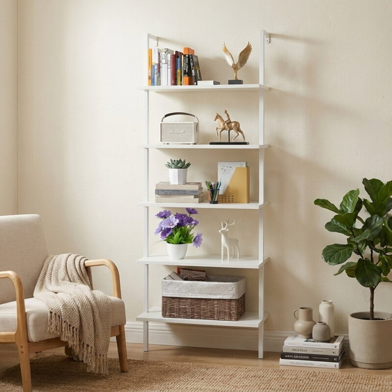 5-Shelf Wood Ladder Bookcase with Metal Frame Industrial, styled in a small apartment