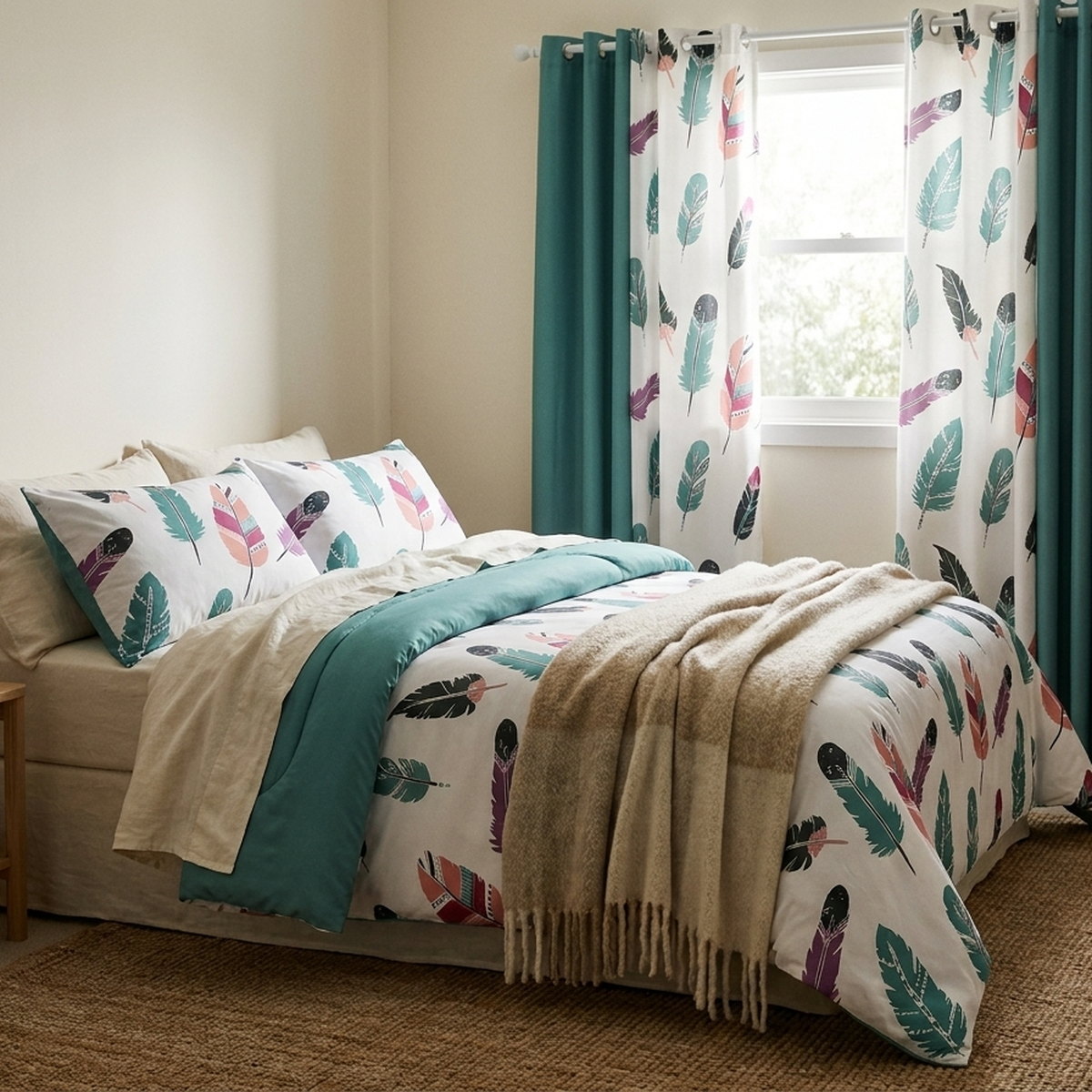 9-Piece Boho Feather Bedding & Curtain Set